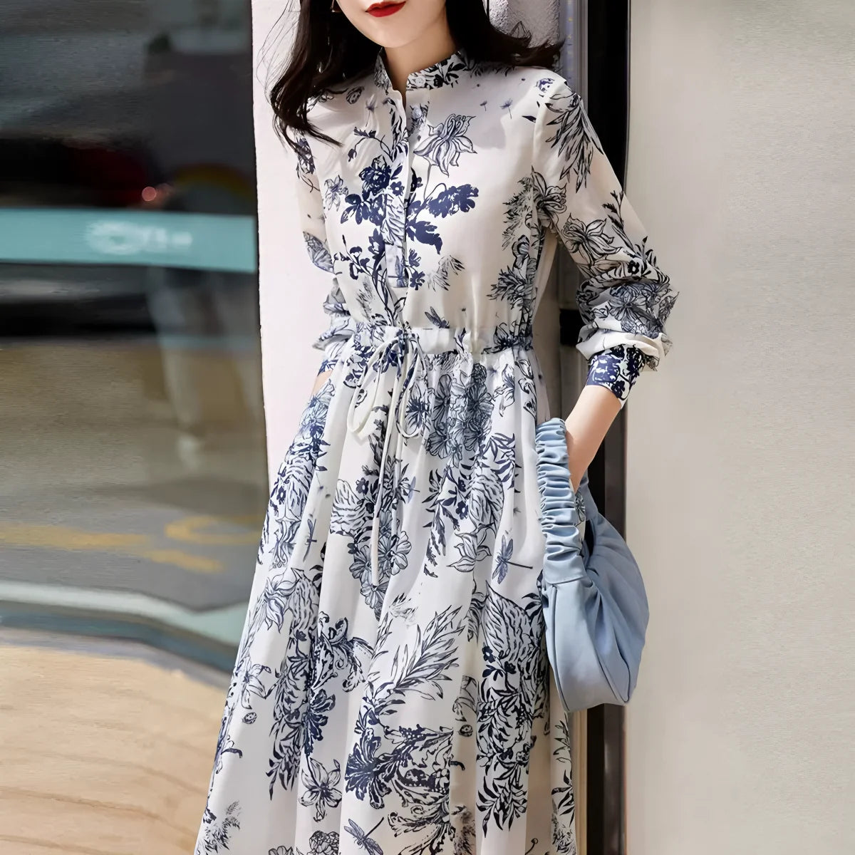 French Style Long Dress With Vintage Print And Tie Waist For Spring Fashion