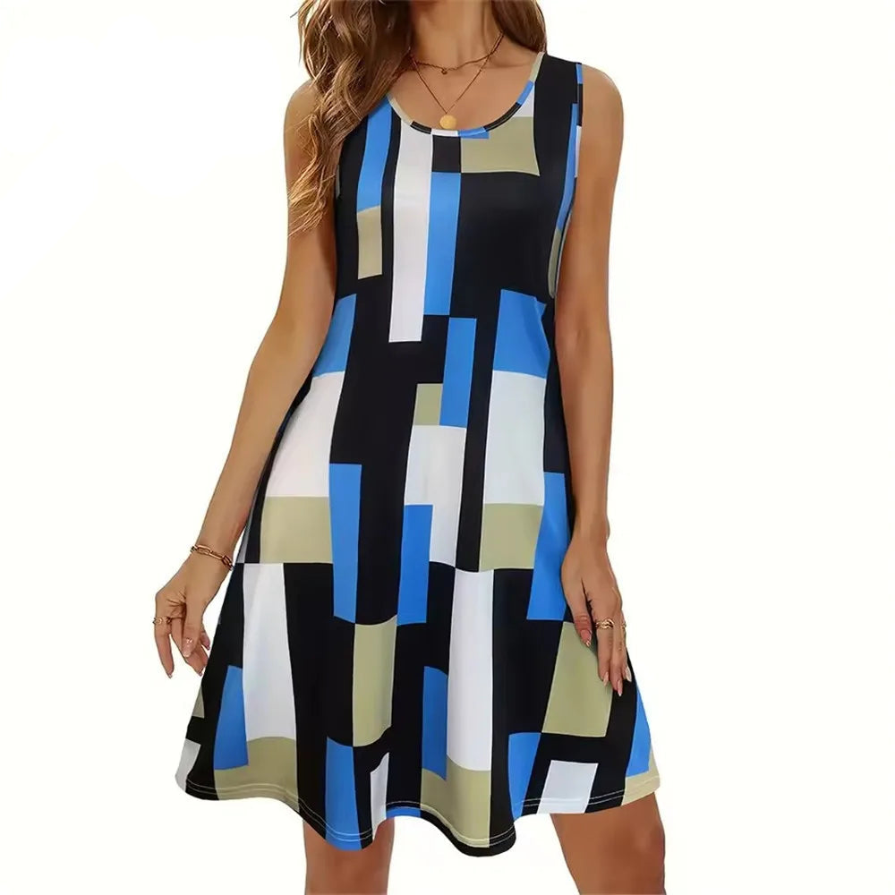 Woman wearing a sleeveless dress with geometric pattern on a white background,