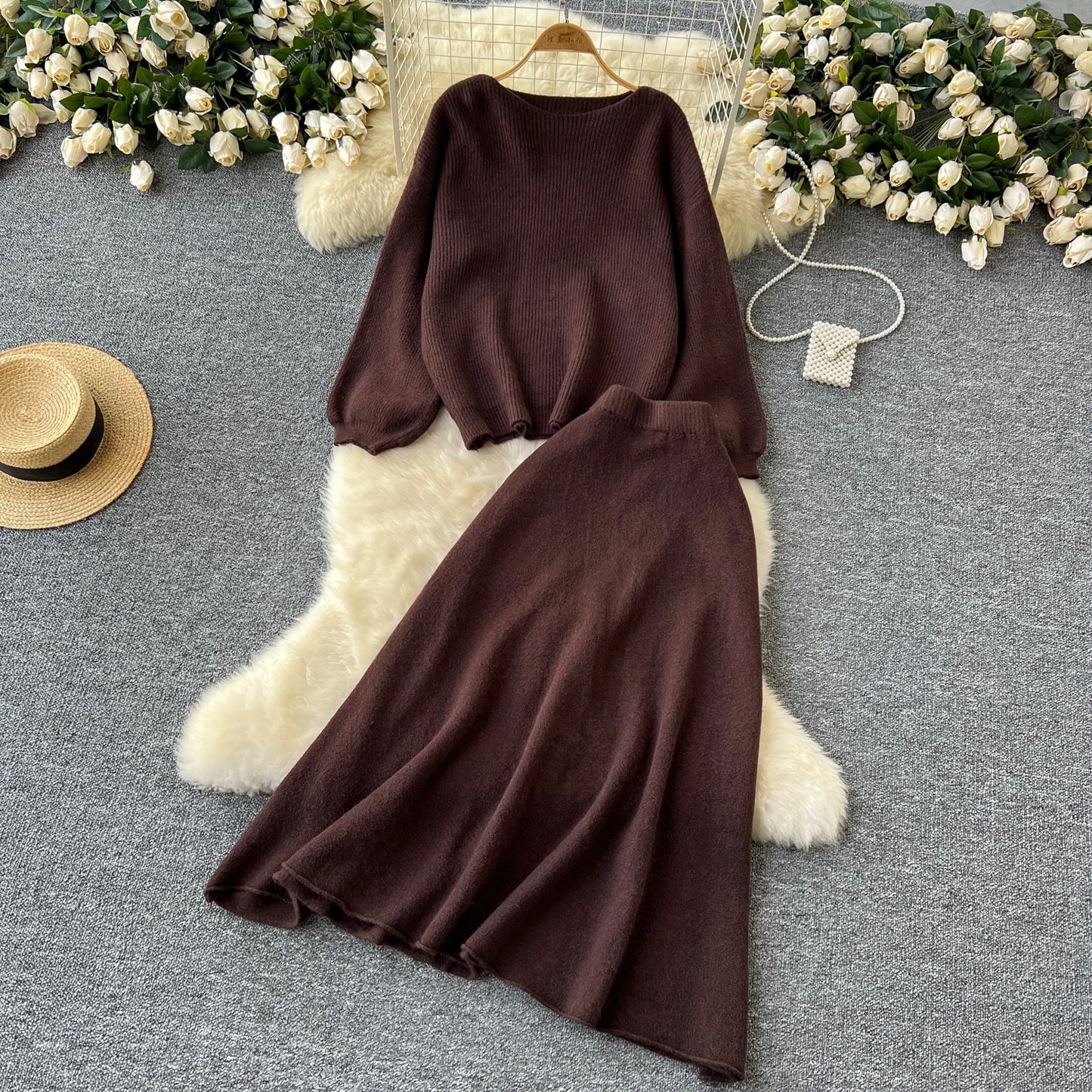 Fall Outfit Aesthetic Knit Sweater And Skirt Coord Set