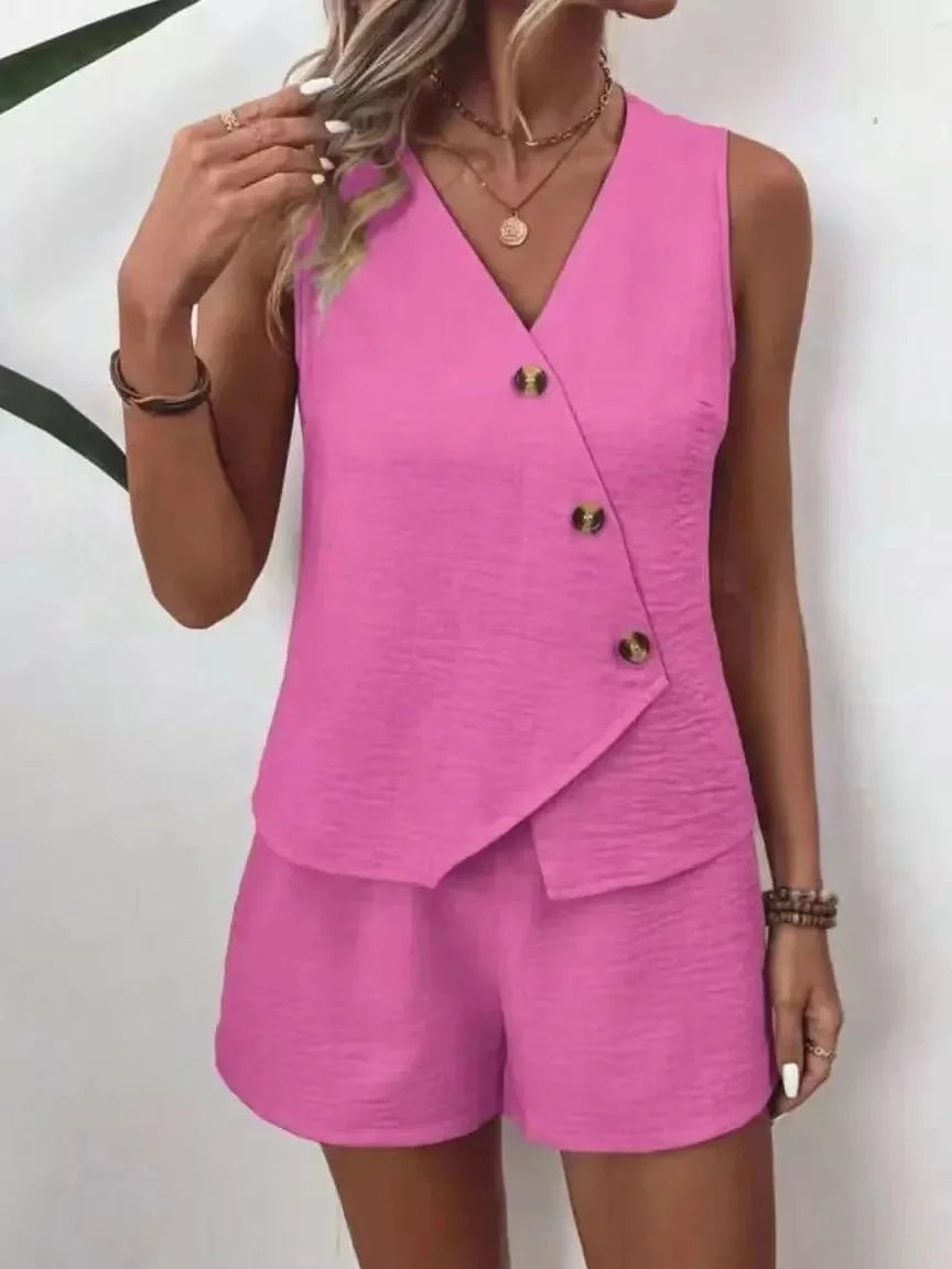 Summer Outfit Idea Featuring V Neck Top And Irregular Shorts Set