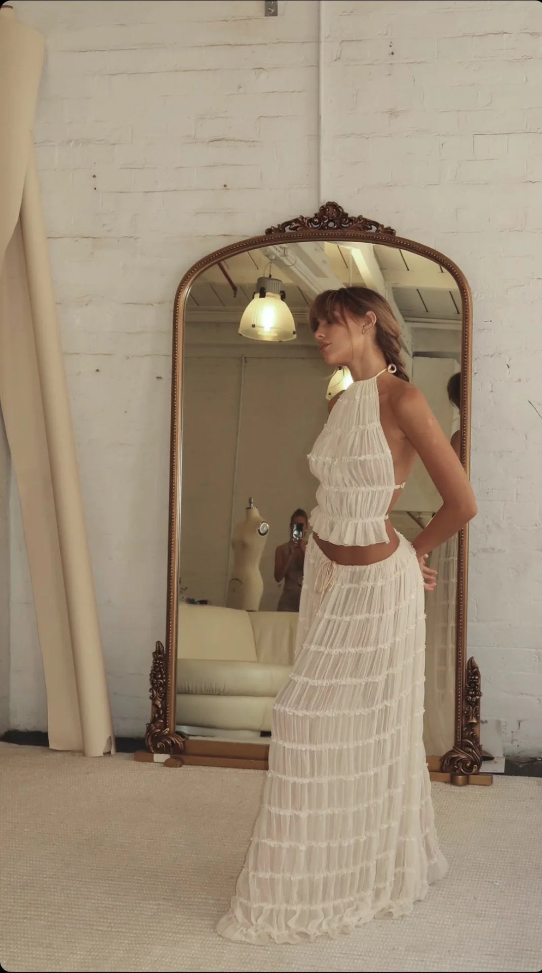 Chic Lace Up Backless Halter Top And Long Fold Maxi Skirt Set For Trendy Summer Style