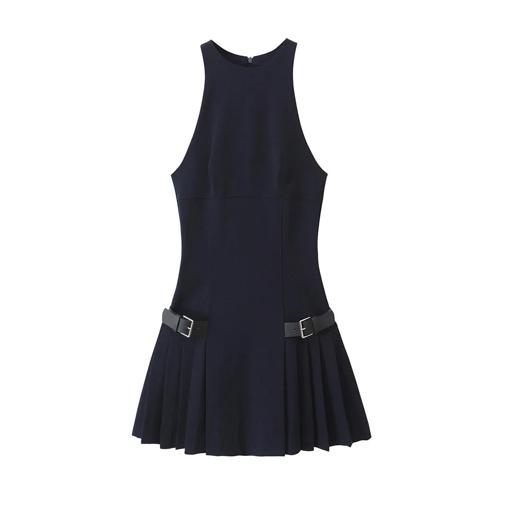 Cherry Coded Goddess Halter Mini Dress – Pleated with Side Loops, Back Zipper, and Chic Design