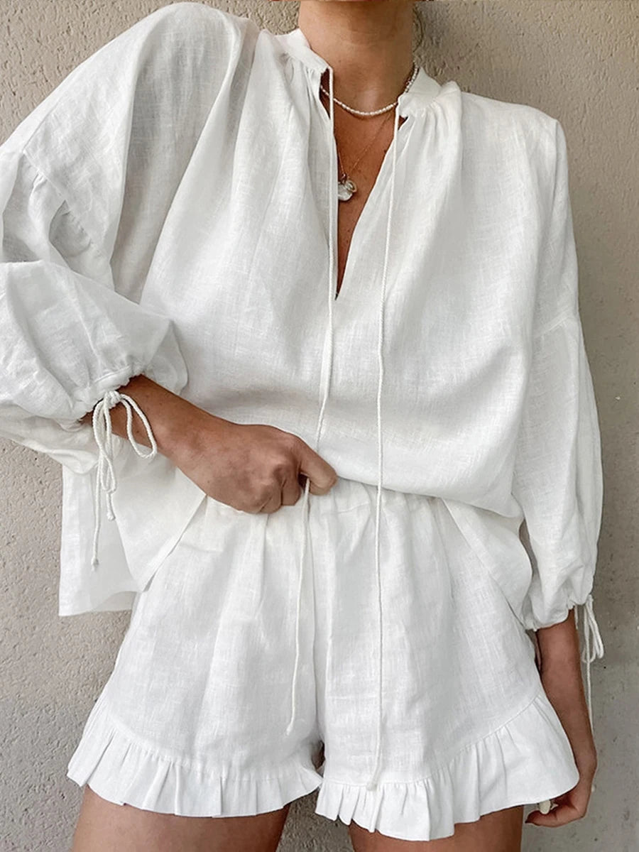 Trendy Y2K Two Piece Set With V Neck Blouse And Relaxed Retro Shorts For Summer