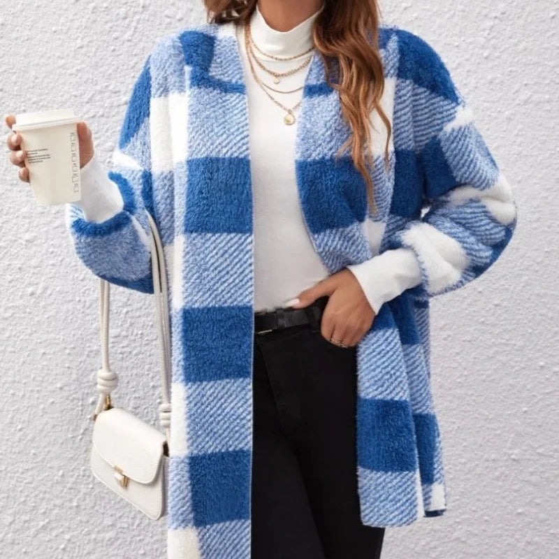 Soft Plush Outerwear With Long Sleeves And Plaid Style For Winter Fall Fashion