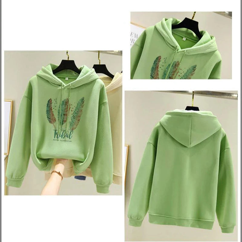 Feather Print Velvet Hoodie For Cozy 2025 Fall Outfits Aesthetic