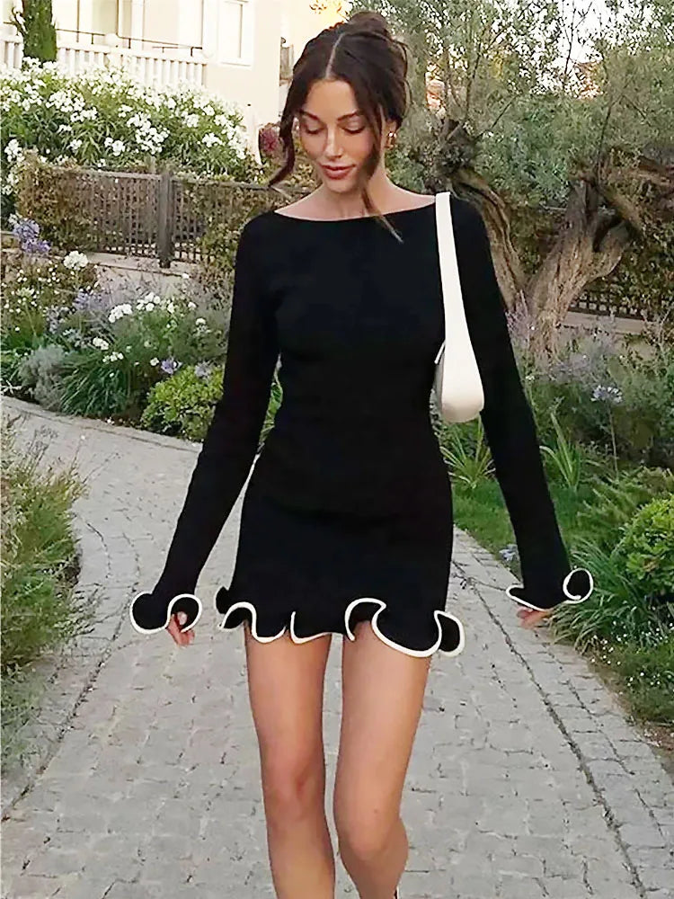 Boho Chic Ruffled Knit Dress – Long Sleeve, Slim Fit, Solid Color Mini Dress for Spring and Summer