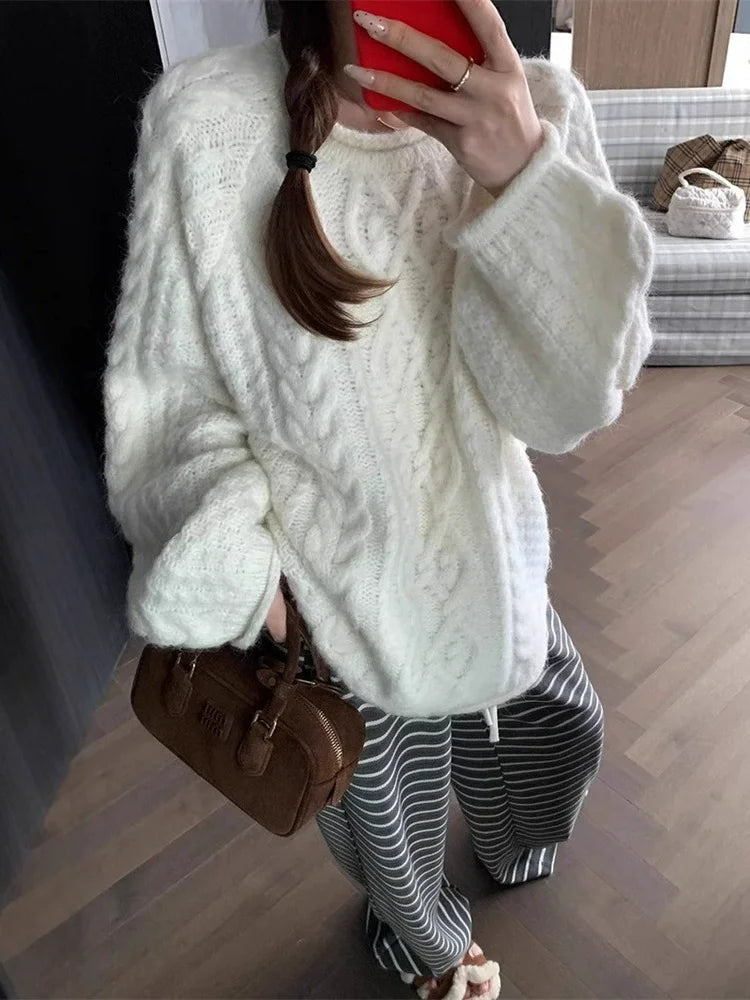 Korean Style Jacquard Knit Sweater With Curled Edges For 2025 Fall Outfits