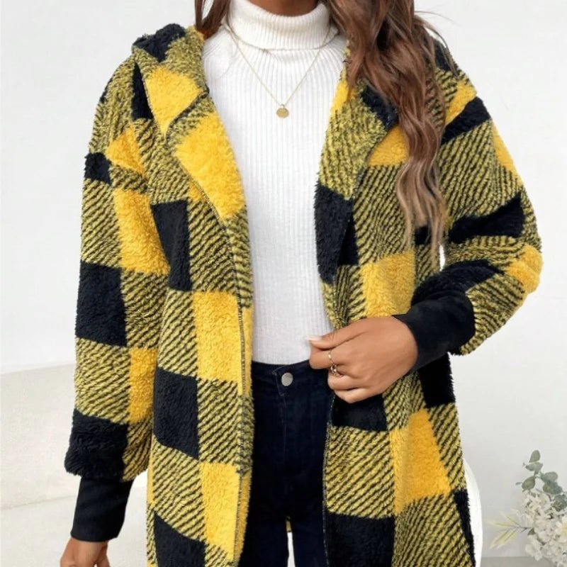 Soft Plush Outerwear With Long Sleeves And Plaid Style For Winter Fall Fashion