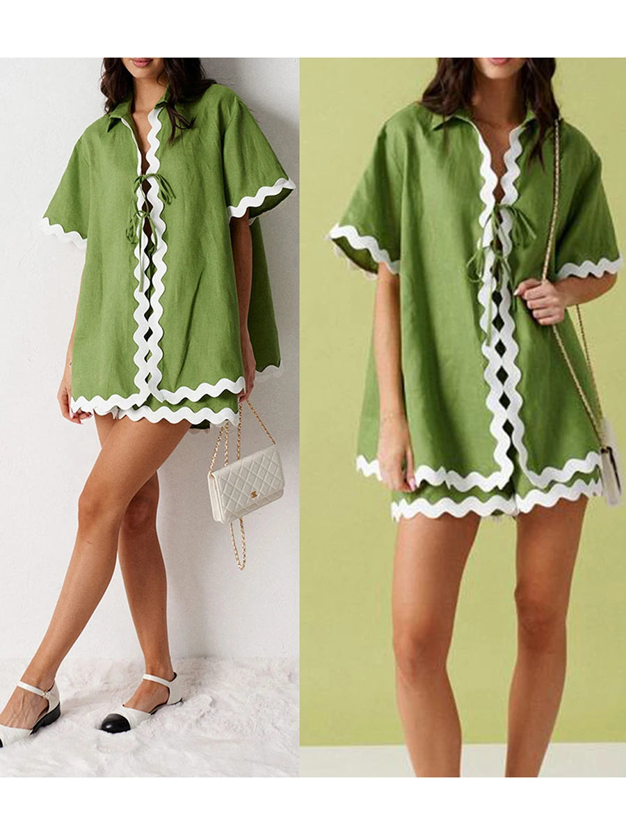 2 Piece Outfit for Women Cozy Pajama Set with Ric Rac Trim and Summer Shorts