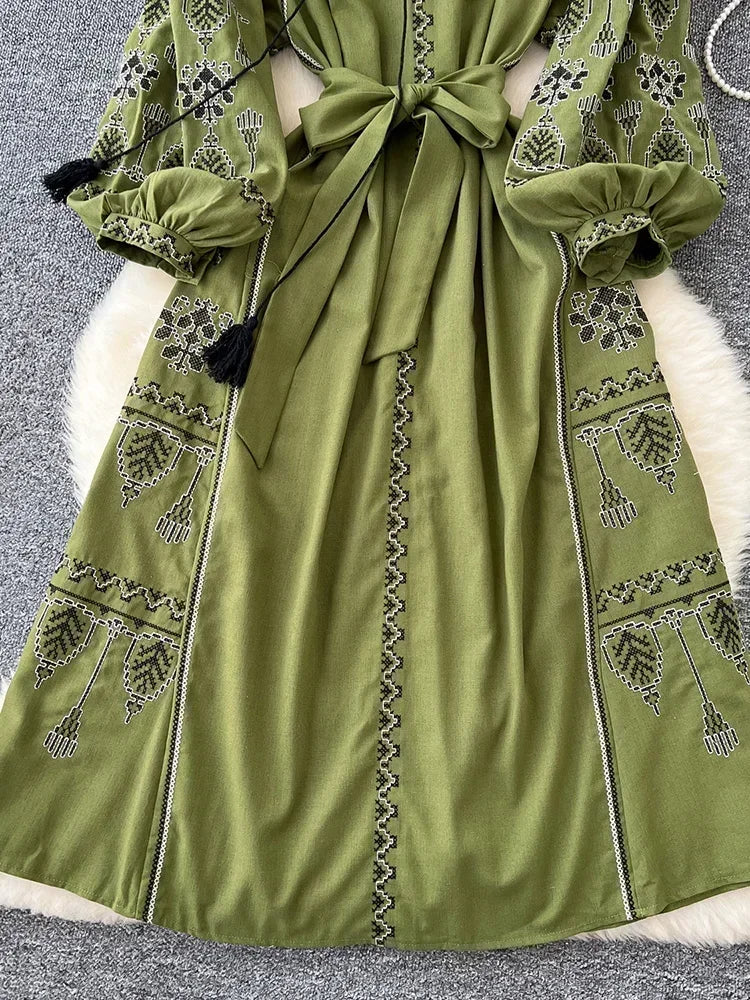 Bohemian Long Dress With Ethnic Embroidery And Cinched Waist For Spring Outfits