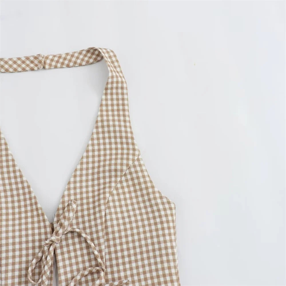 Cherry Coded Goddess Halter Dress – Slim Fit Open Back Mini Dress with Small Plaid Pattern