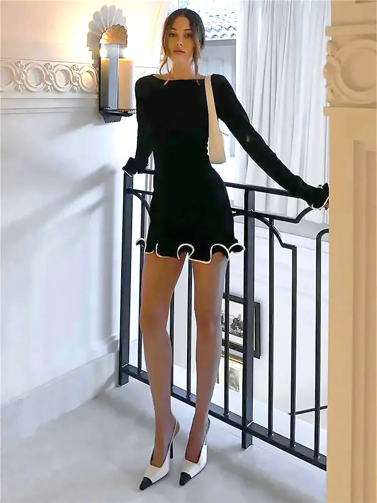 Boho Chic Ruffled Knit Dress – Long Sleeve, Slim Fit, Solid Color Mini Dress for Spring and Summer