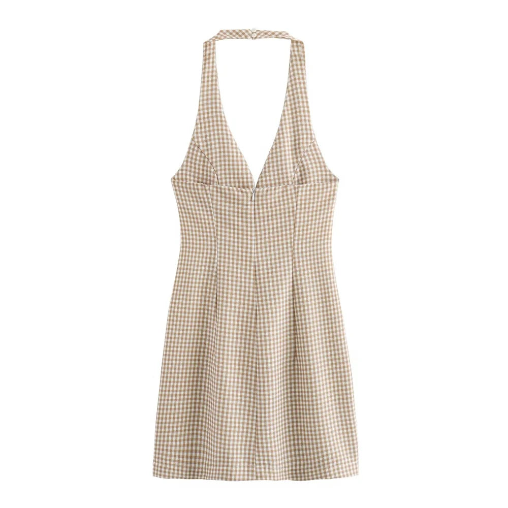 Cherry Coded Goddess Halter Dress – Slim Fit Open Back Mini Dress with Small Plaid Pattern