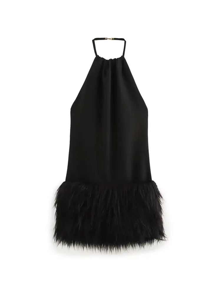 Moto Boho Halter Neck Backless Mini Dress – Sexy Faux Fur Fashion for Women