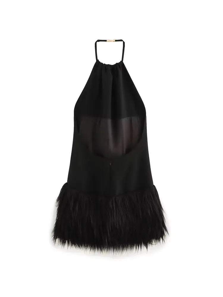 Moto Boho Halter Neck Backless Mini Dress – Sexy Faux Fur Fashion for Women