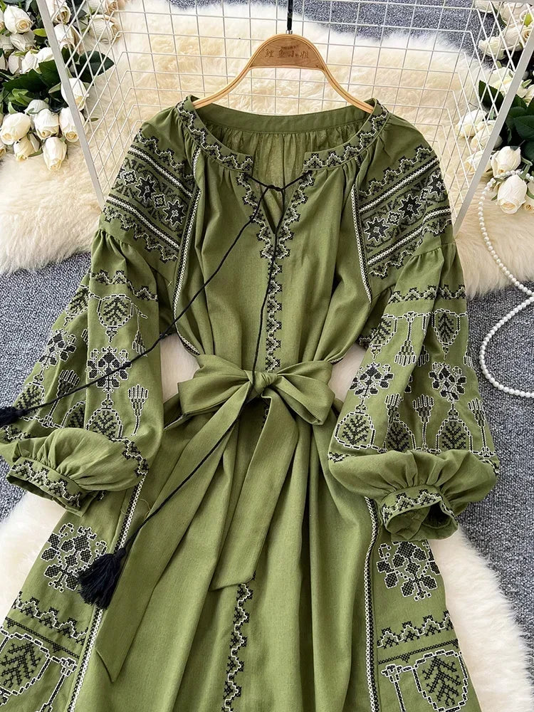 Bohemian Long Dress With Ethnic Embroidery And Cinched Waist For Spring Outfits