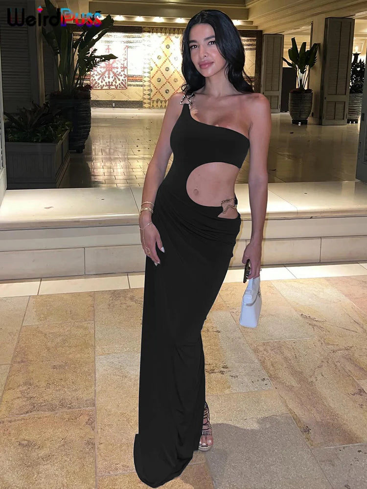 Midnight Clubwear One Shoulder Bodycon Dress With Hollow Cutouts And Ruched Detail