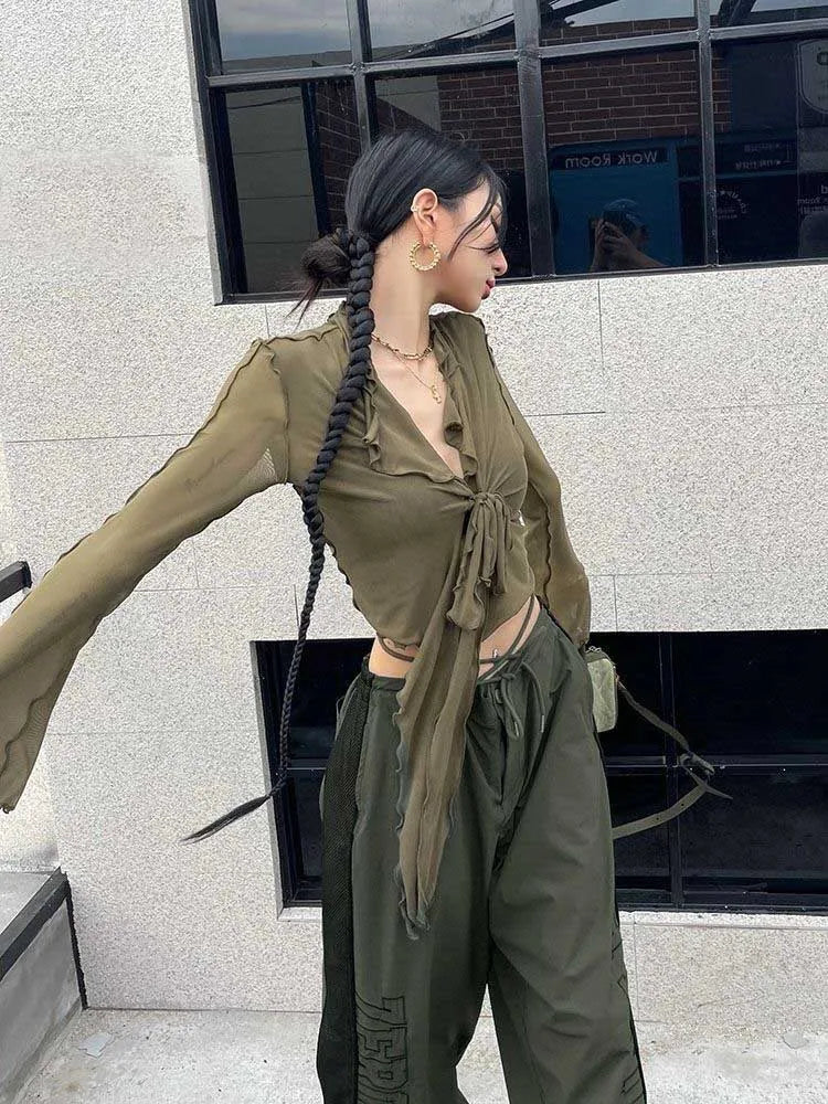 Soft Girl Vibes Sheer Flare Sleeve Blouse With Korean Fashion Lace-Up Charm