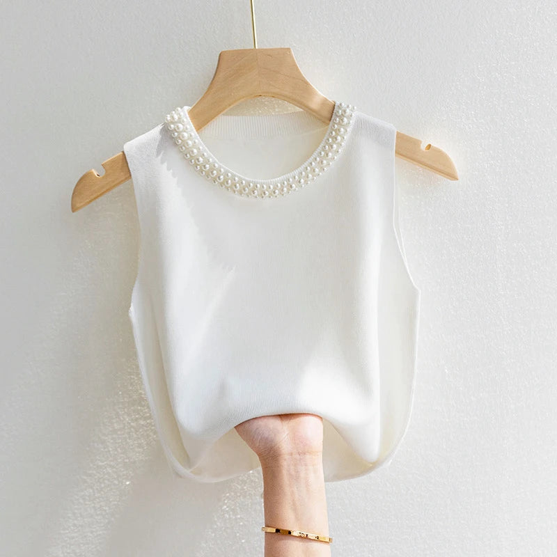 Korean Chic Beaded Knit Tank Top for Women