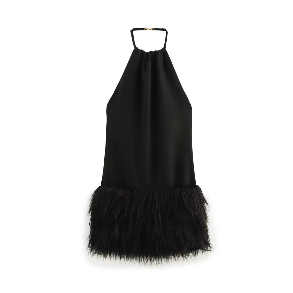 Moto Boho Halter Neck Backless Mini Dress – Sexy Faux Fur Fashion for Women