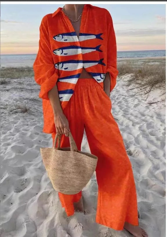 Beachy Two Piece Outfit With Loose Shirt And Wide Leg Bottoms For Summer Outfits Casual