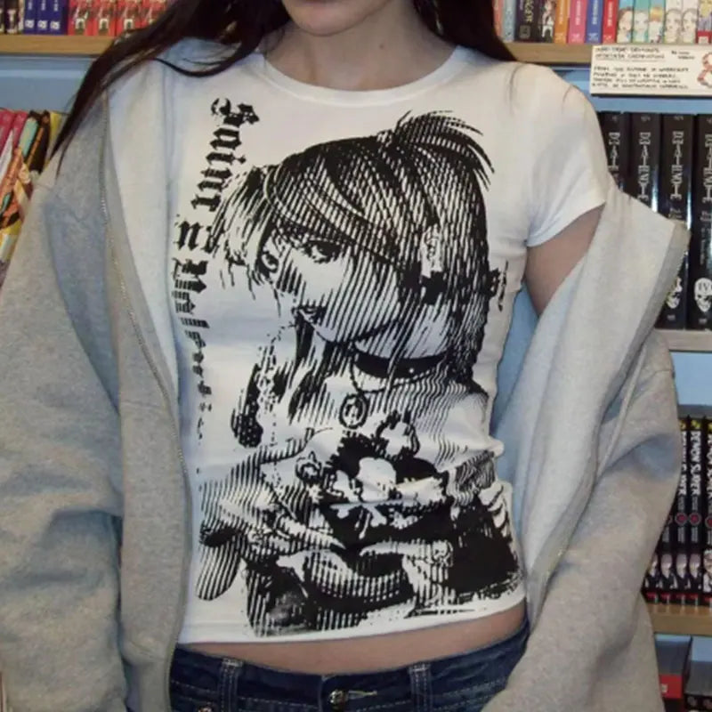 Retrocore O-Neck MicroCrop for Alt-Girl Street Vibes Y2k anime Streetwear Tops T-shirt