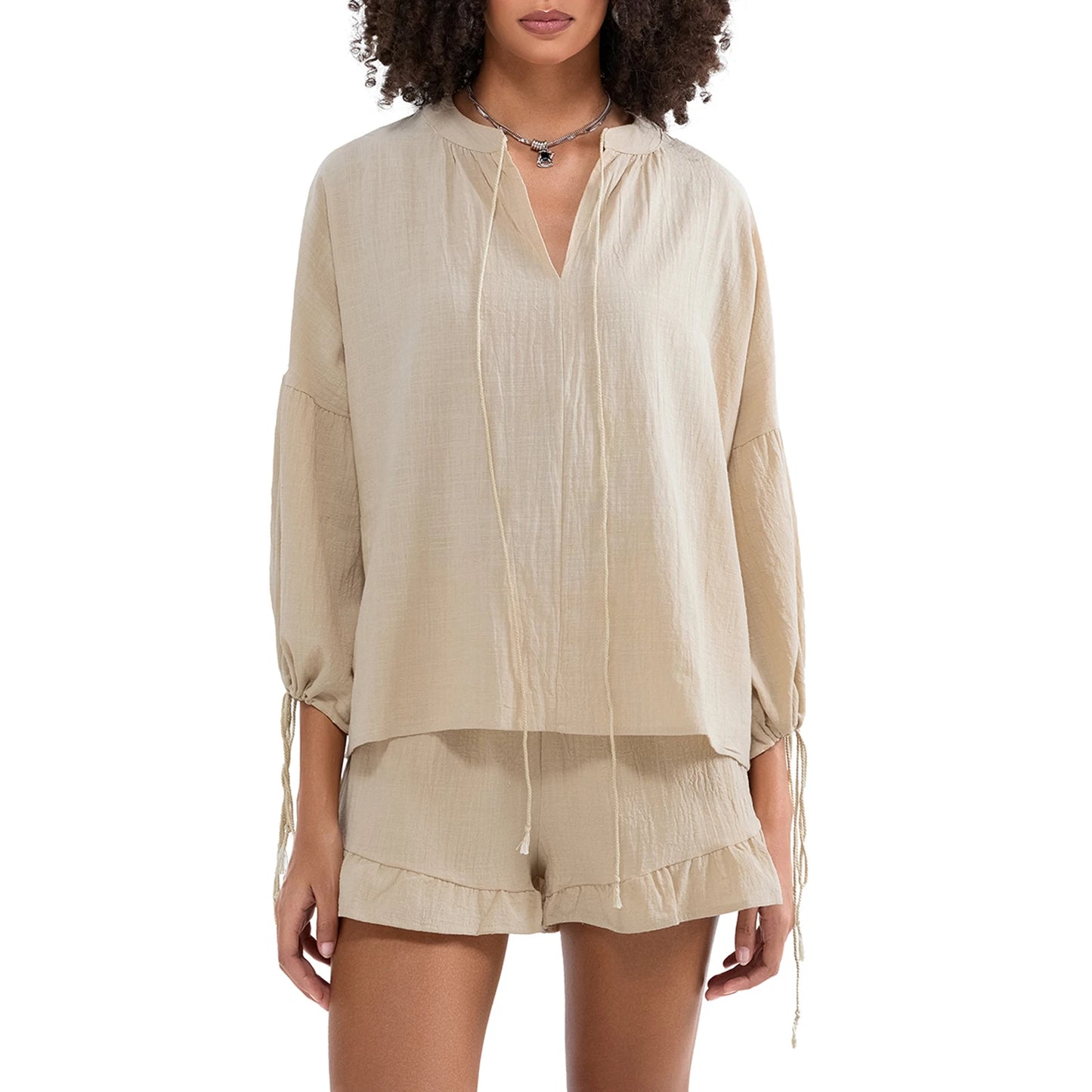 Trendy Y2K Two Piece Set With V Neck Blouse And Relaxed Retro Shorts For Summer