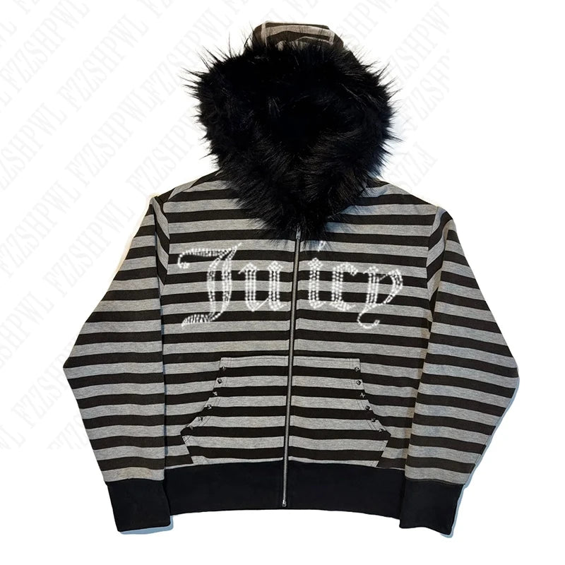 Y2K Streetwear Fall Outfit Casual Zip Up Hoodie With Fur Collar