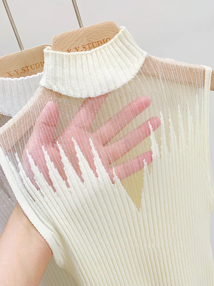Y2K Mesh Knit Cut Out Tank Top for Women Sleeveless Half Neck Slim Fit Summer Streetwear Aesthetic Retro Sweater Vest 2025 Trend