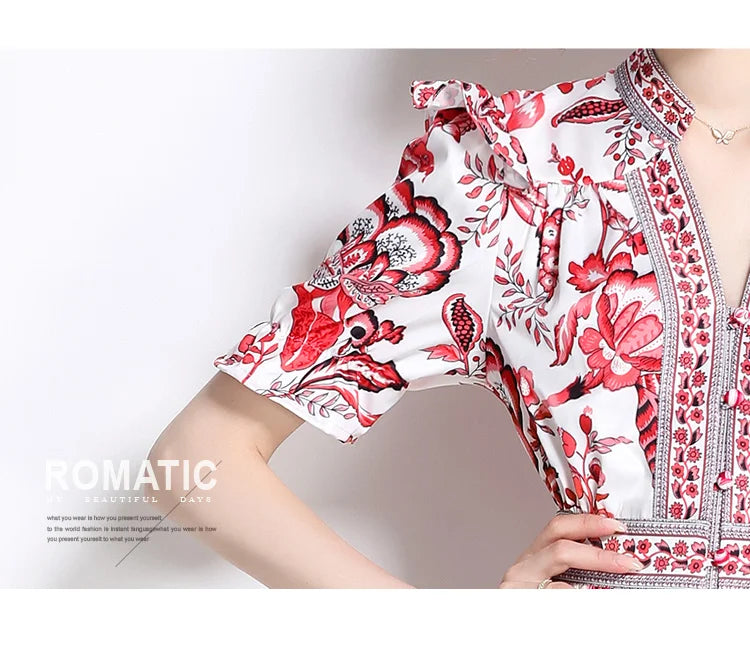 V-Neck Summer Dress Style Featuring Flower Prints And Flowy Ruffle Design