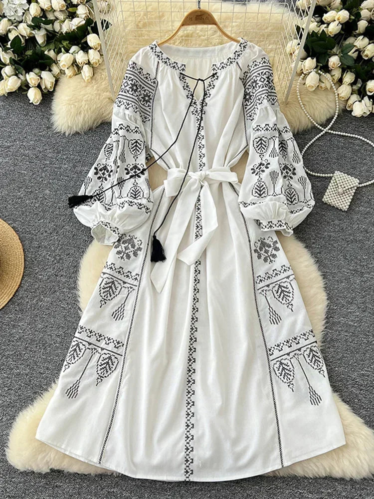 Bohemian Long Dress With Ethnic Embroidery And Cinched Waist For Spring Outfits