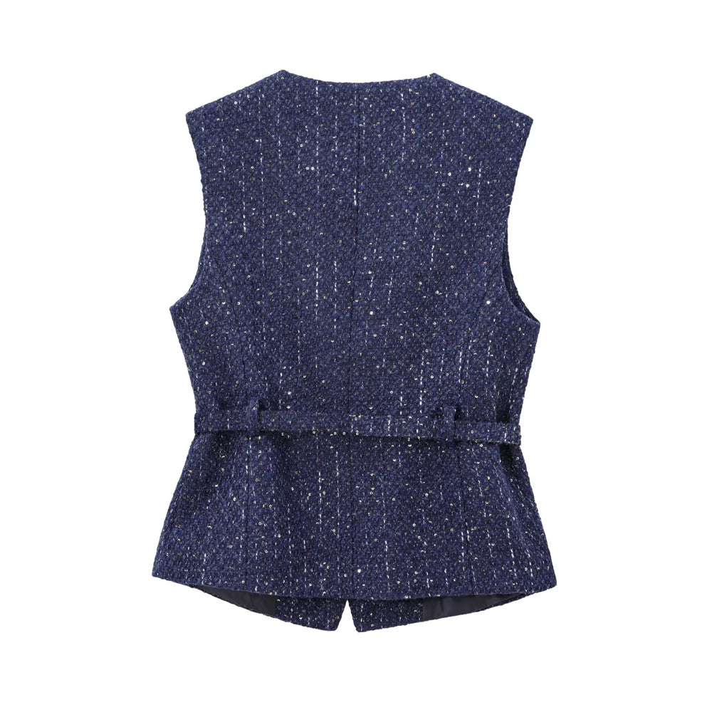 Sleeveless Tweed Waistcoat With Button Front For Trendy Outfit Ideas