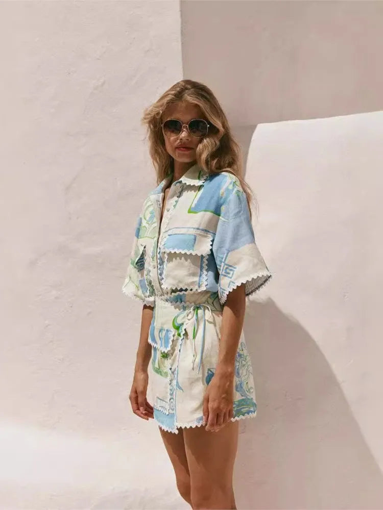 Retro Summer Co Ord Set With Fashion Print Ruffle Blouse And Y2K Skirt Vibes