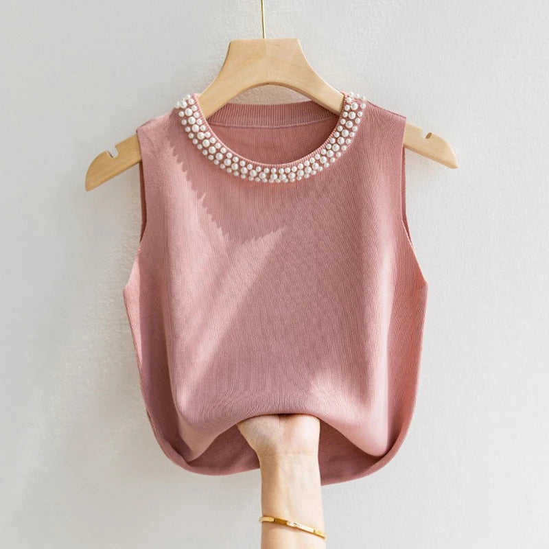 Korean Chic Beaded Knit Tank Top for Women