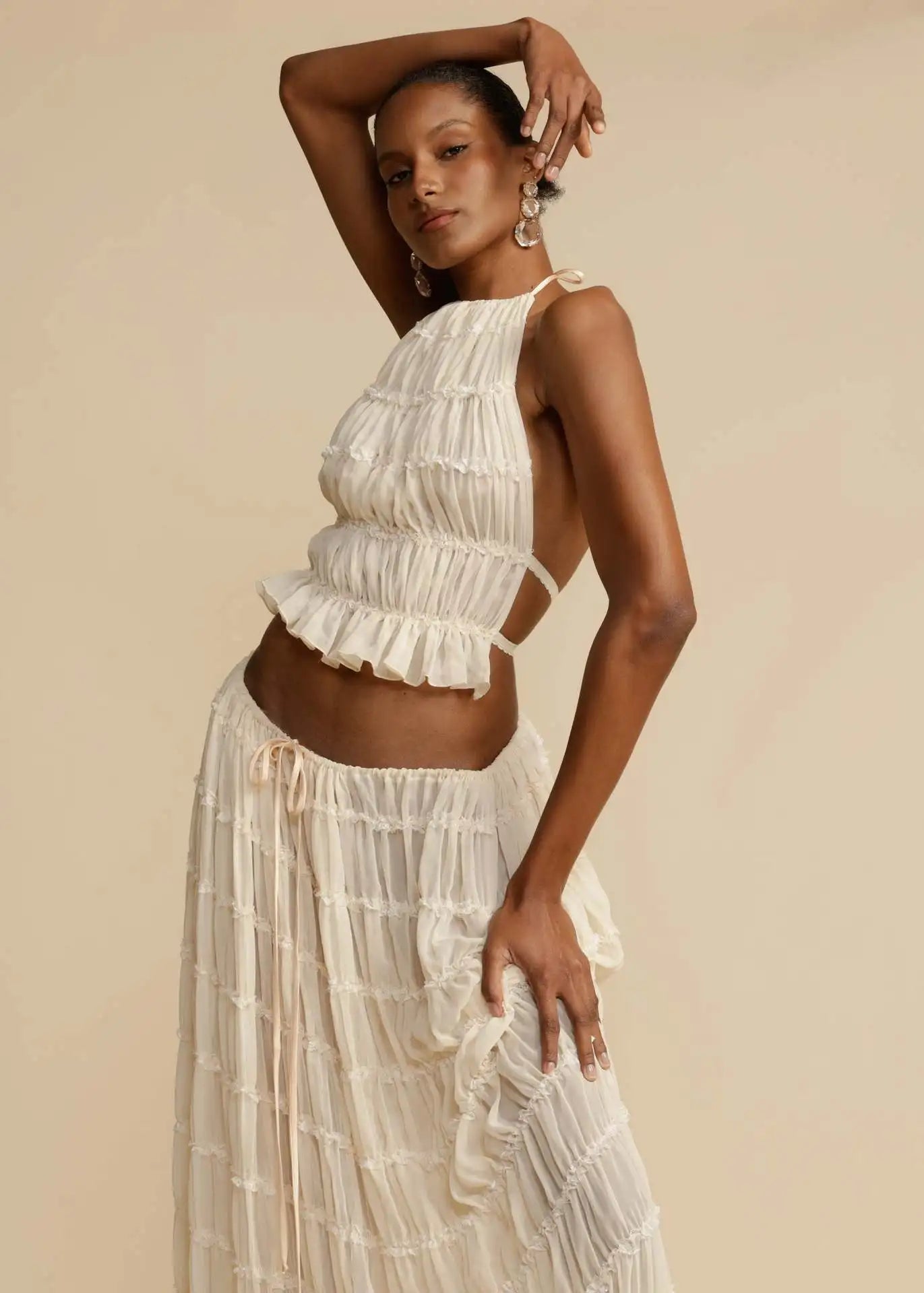 Chic Lace Up Backless Halter Top And Long Fold Maxi Skirt Set For Trendy Summer Style