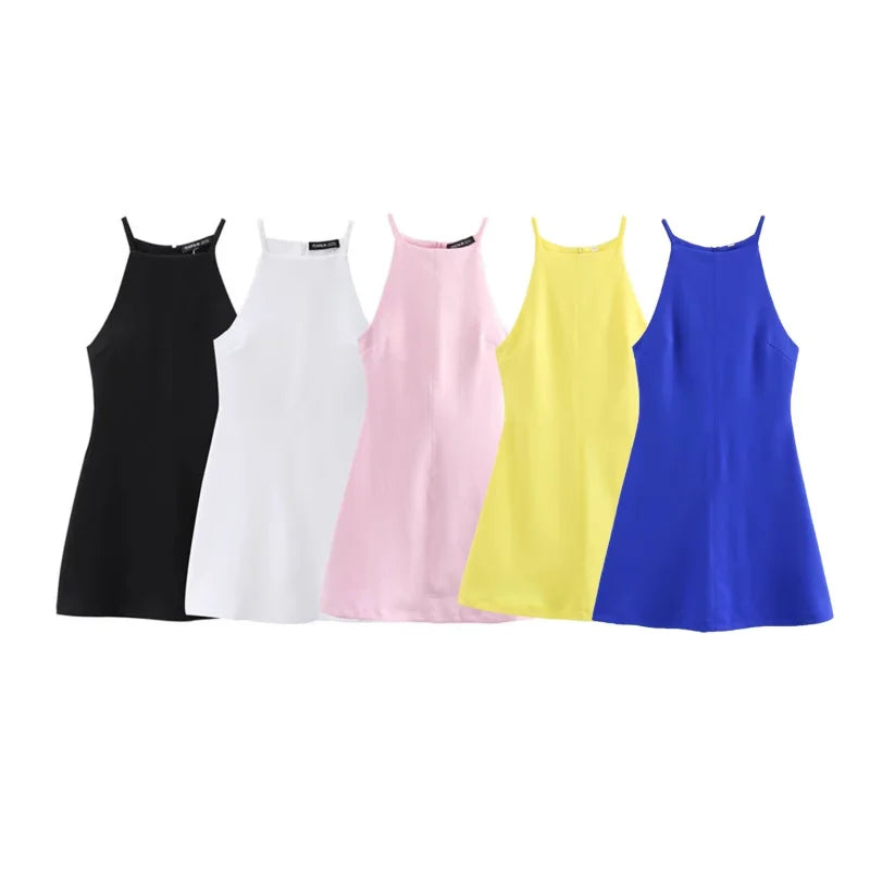 Moto Boho Interlock Halter Dress – Sexy Sleeveless A-Line Fitted Dress in Stretchy Flexible Knitted Fabric