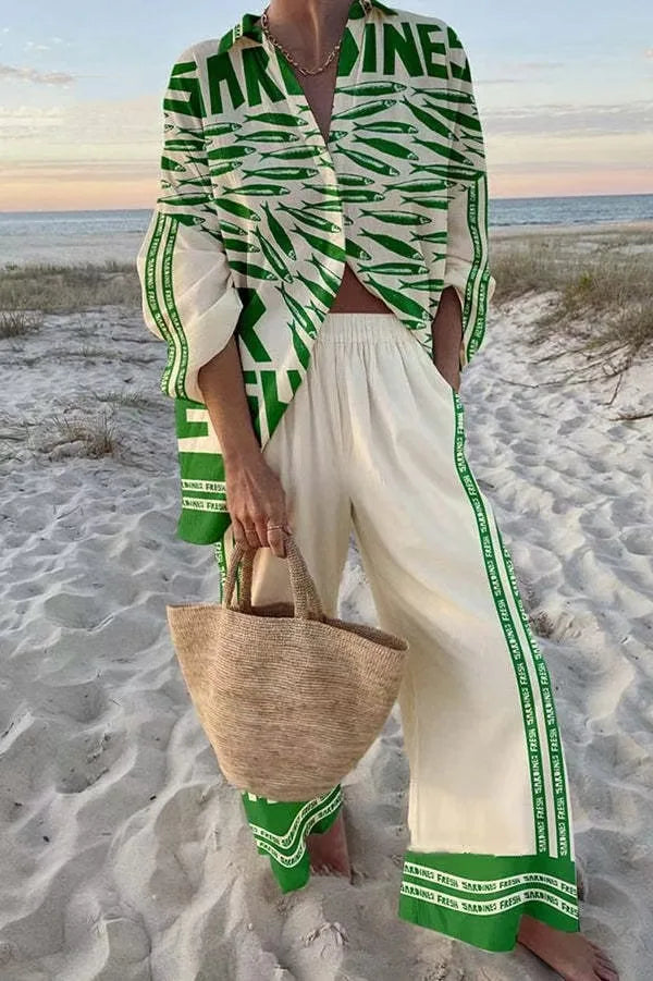 Beachy Two Piece Outfit With Loose Shirt And Wide Leg Bottoms For Summer Outfits Casual