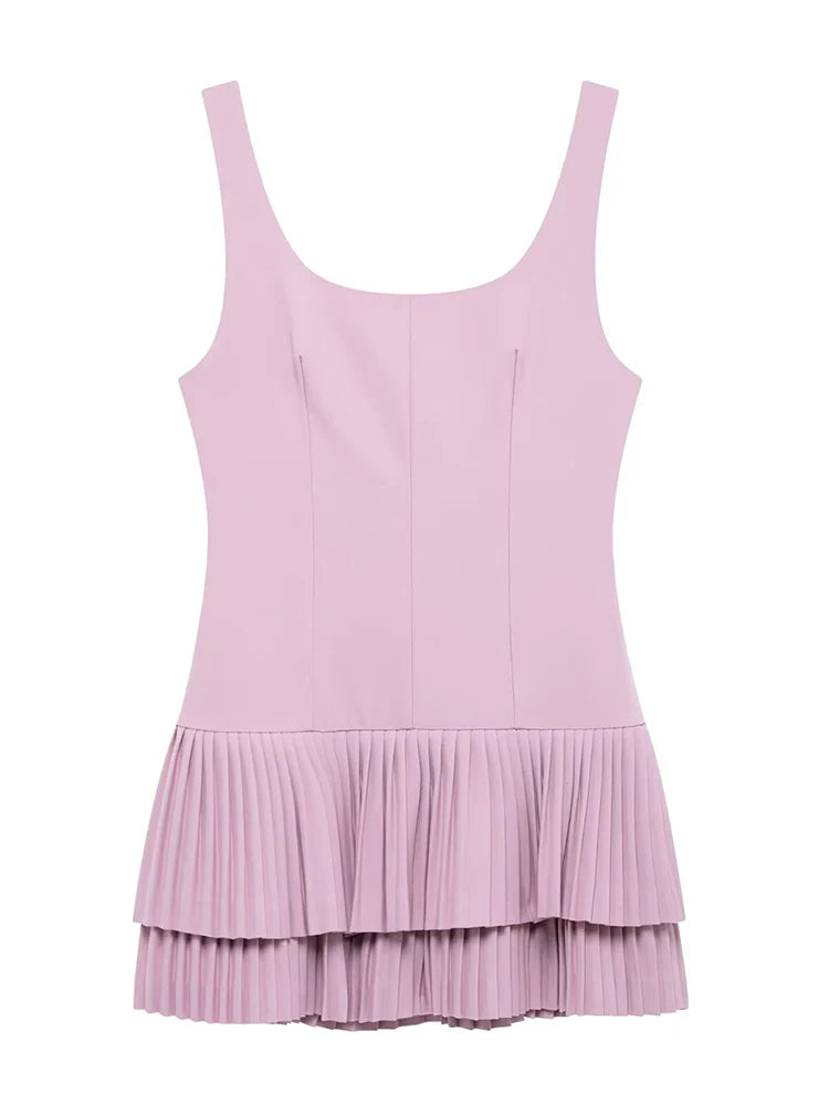 Elegant Pleated Mini Dress for Women – 2025 Square Neck Backless Sleeveless Slim Fit Party Dress in Solid Color