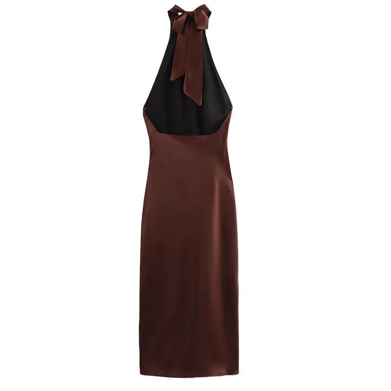 Satin Halter Backless Midi Dress – Brown Pleated Tie-Back Summer Party Dress for Women, Elegant 2025 Evening Look
