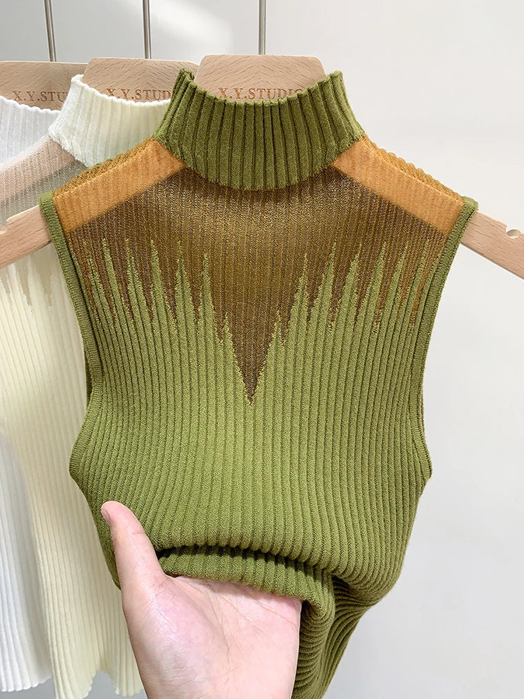Y2K Mesh Knit Cut Out Tank Top for Women Sleeveless Half Neck Slim Fit Summer Streetwear Aesthetic Retro Sweater Vest 2025 Trend