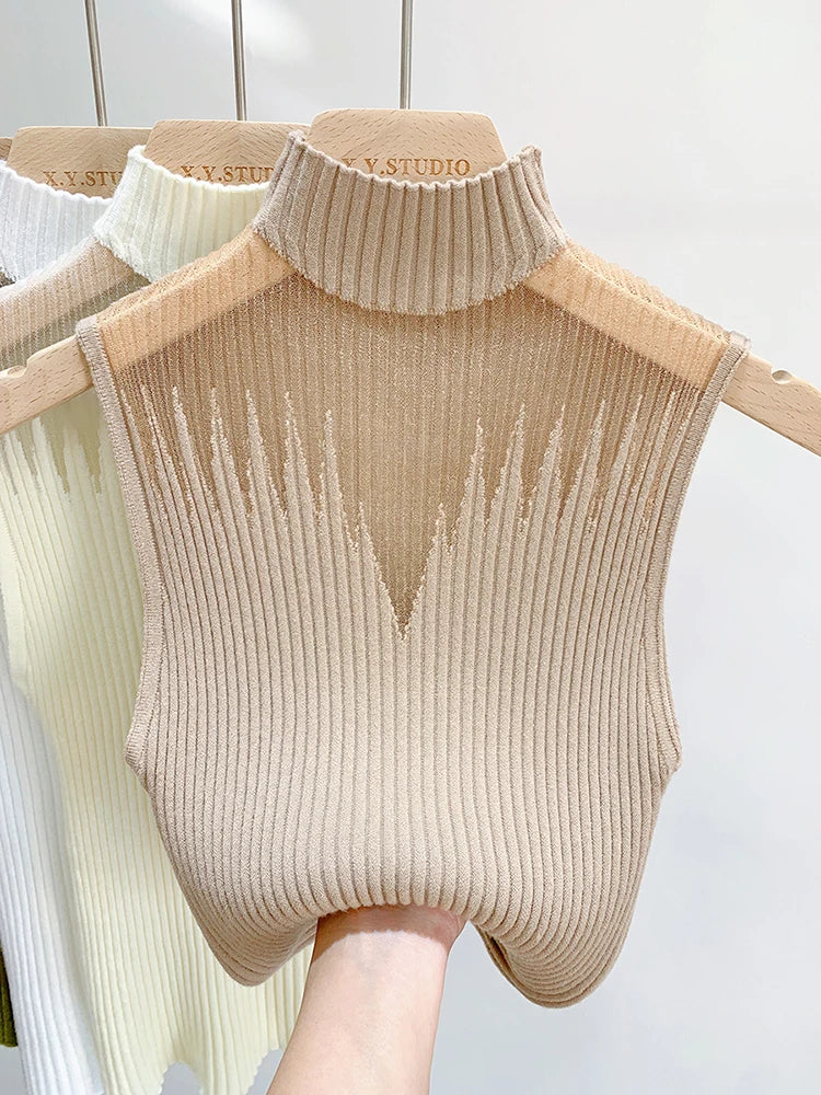 Y2K Mesh Knit Cut Out Tank Top for Women Sleeveless Half Neck Slim Fit Summer Streetwear Aesthetic Retro Sweater Vest 2025 Trend