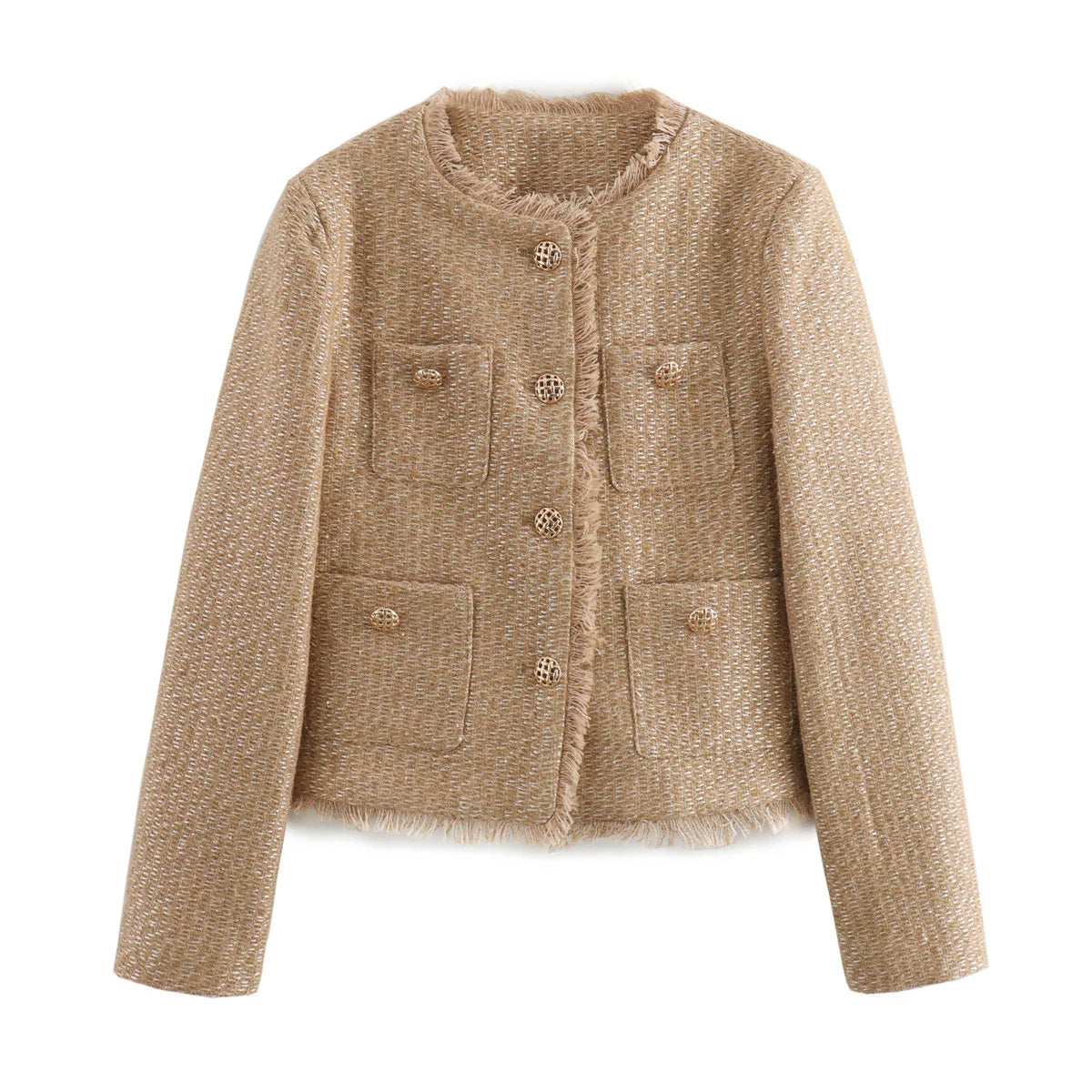 Chic Tweed Crop Jacket with Frayed Details and Button-Up Style