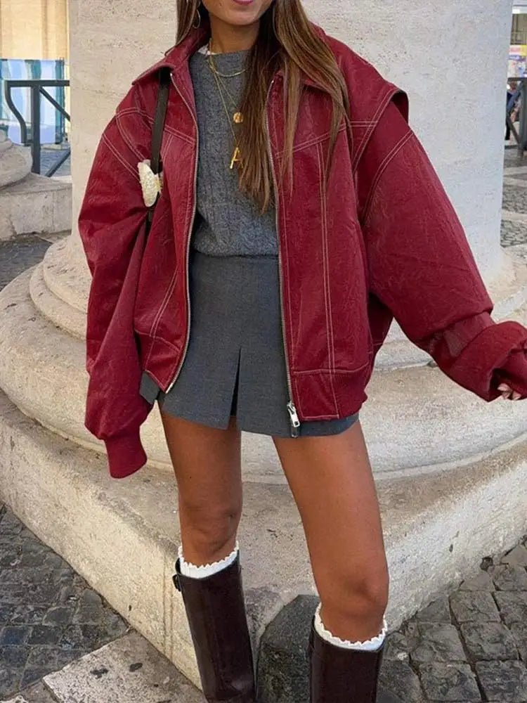 Oversized PU Leather Jacket with Lapel and Bold Contrast Stitching