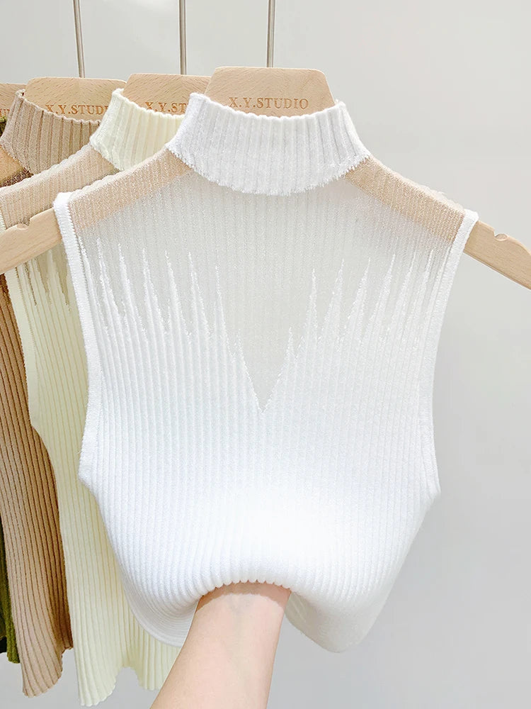 Y2K Mesh Knit Cut Out Tank Top for Women Sleeveless Half Neck Slim Fit Summer Streetwear Aesthetic Retro Sweater Vest 2025 Trend