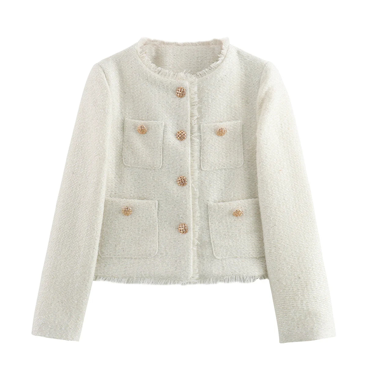 Chic Tweed Crop Jacket with Frayed Details and Button-Up Style