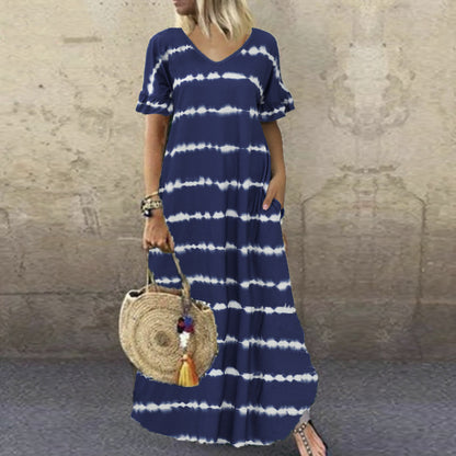 Seaside Serenity: V-Neck Floral Ruffle Dress