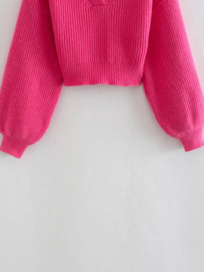 Romantic Red Heart Knit Sweater With Lantern Sleeves