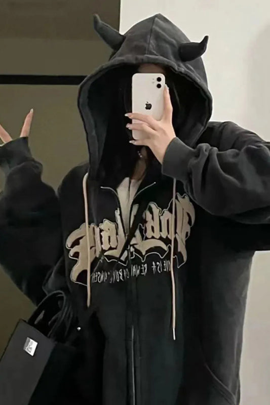 2025 Fall Outfit Vintage Vibe Devilish Duo Embroidered Hoodies