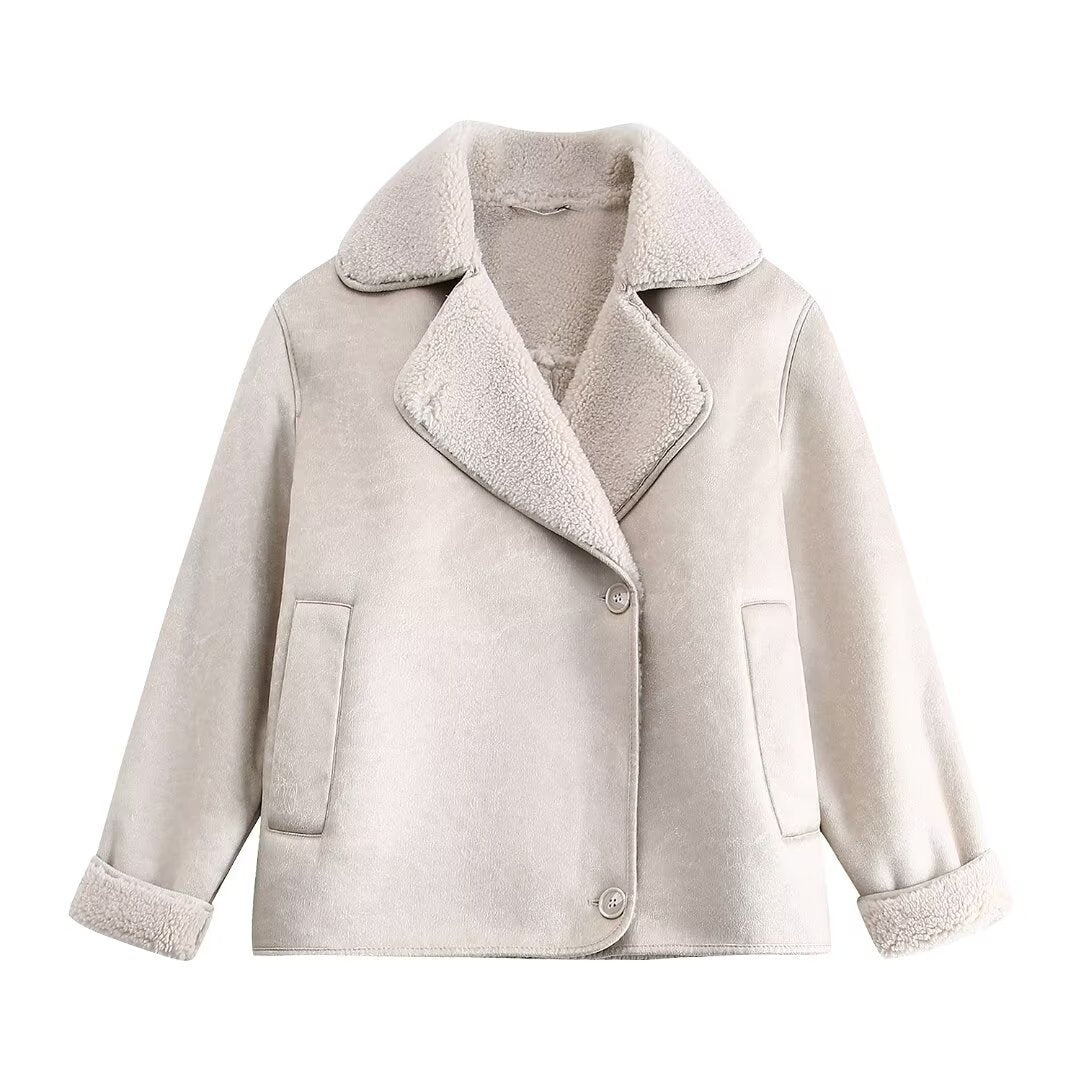 Soft Plush Casual Jacket V Neck Loose Fit Autumn Winter Coat