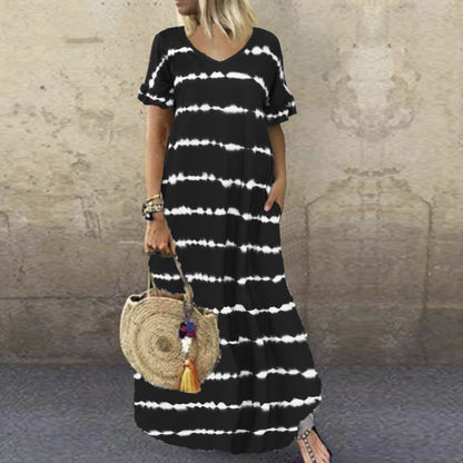 Seaside Serenity: V-Neck Floral Ruffle Dress